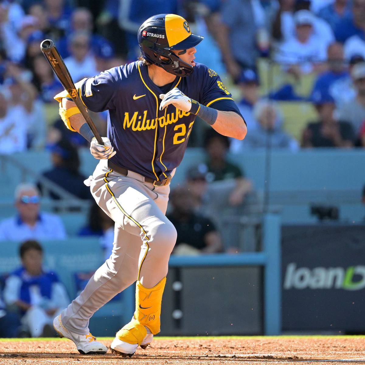 Christian Yelich at the plate during postseason play Christian Yelich batting for the Milwaukee Brewers in a previous NLCS game