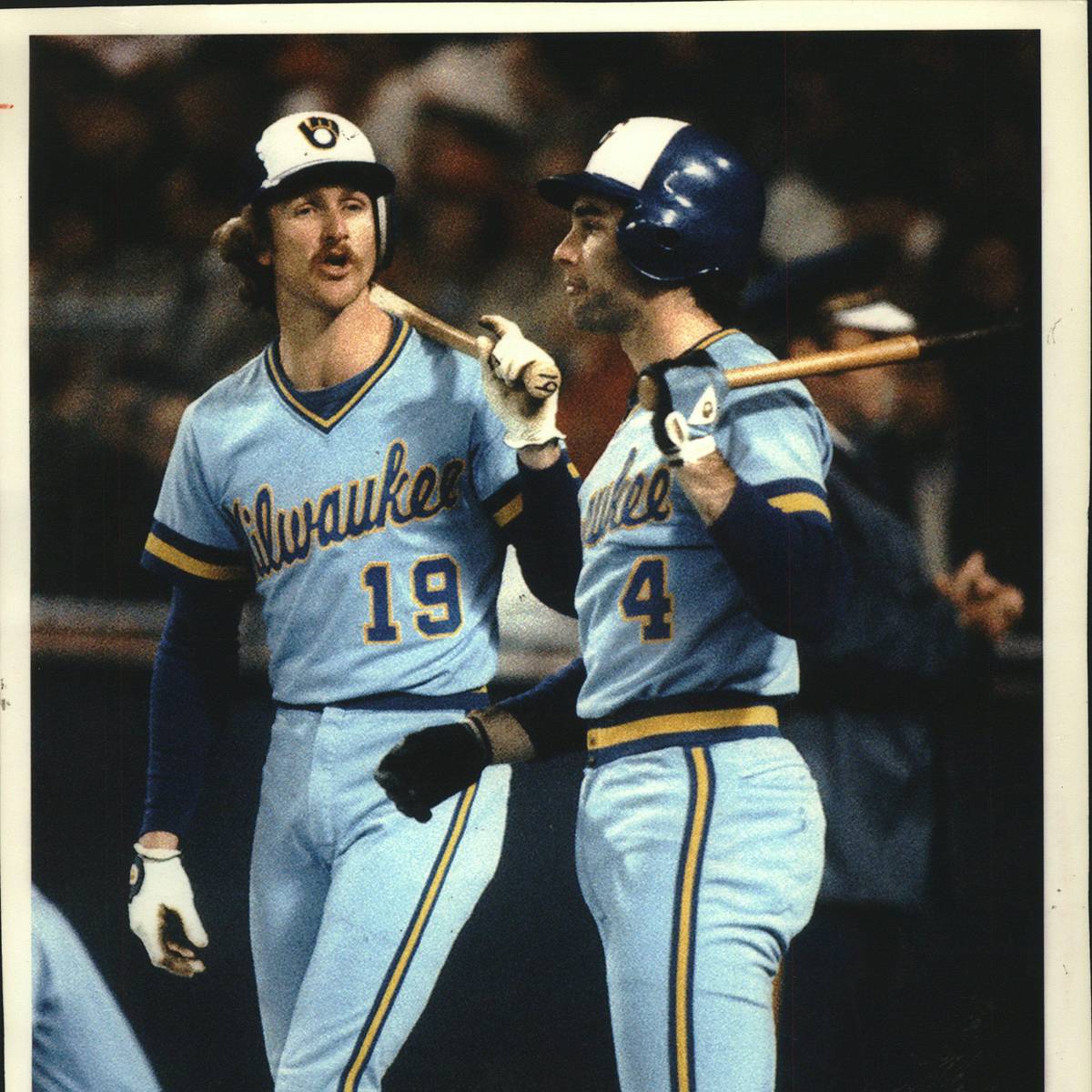 Robin Yount and Paul Molitor wearing Milwaukee Brewers powder-blue uniforms during the 1982 World Series era