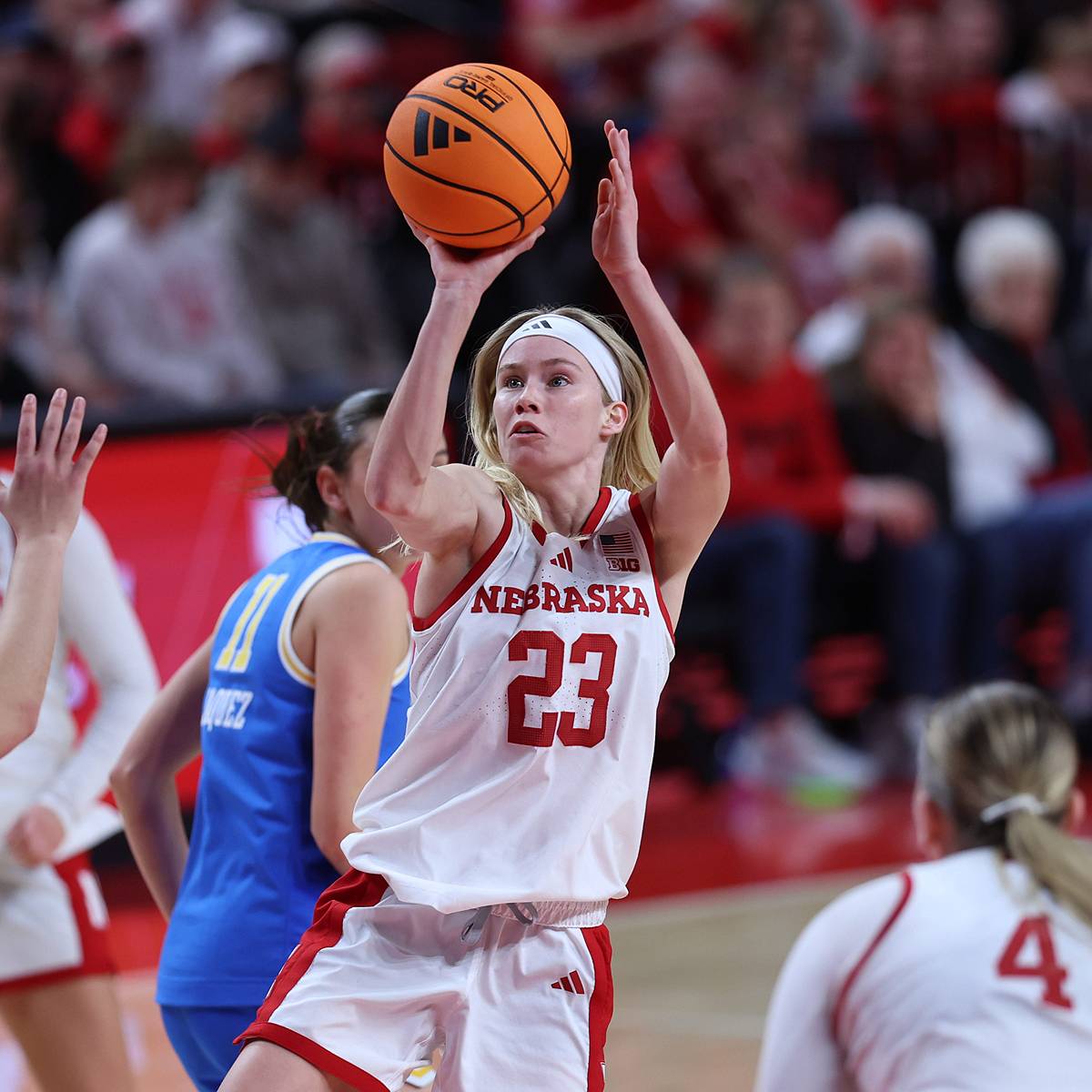 Nebraska guard Britt Prince wearing number 23 taking a basketball shot during the 2025-26 season