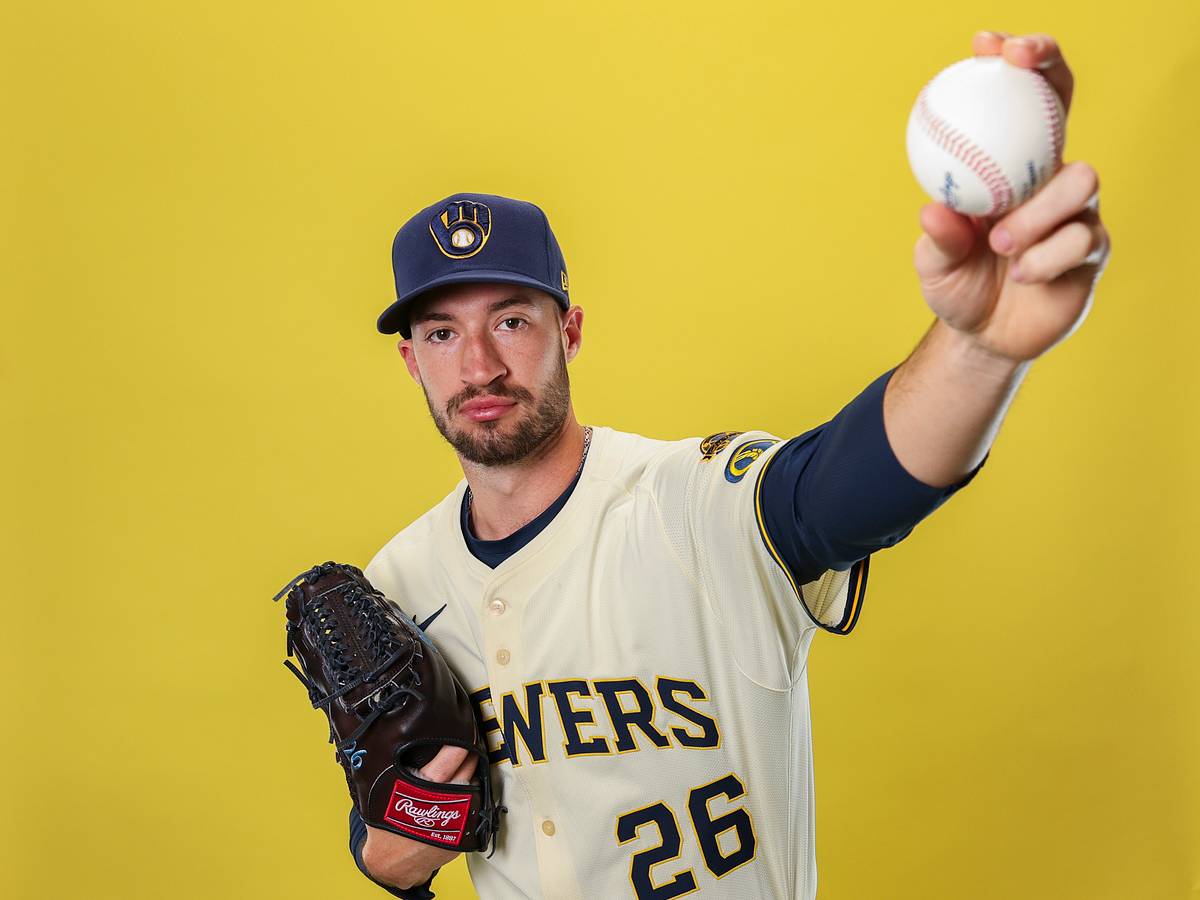 Milwaukee Brewers pitcher Aaron Ashby in his team uniform during a photo session