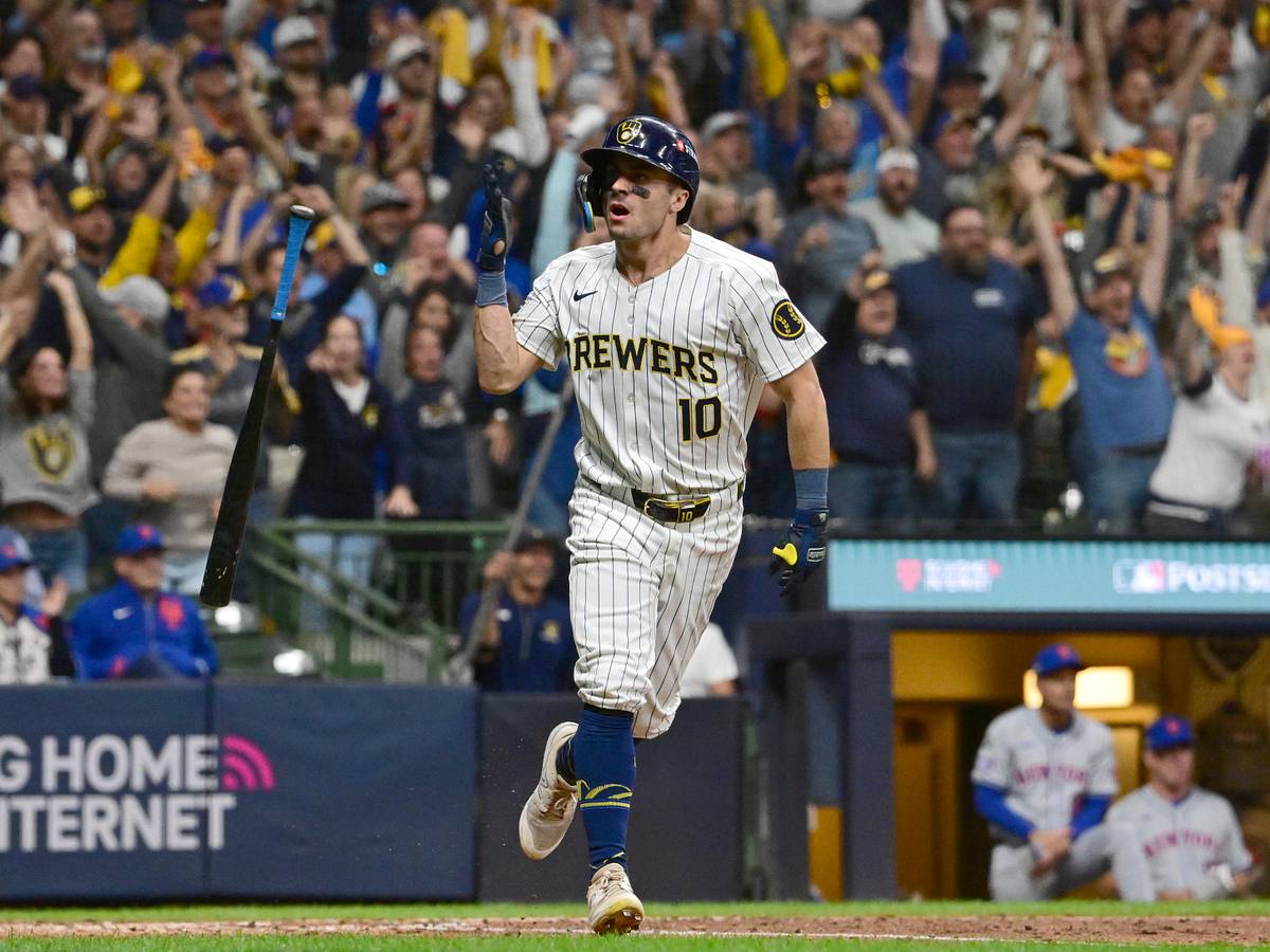 Archival postseason image of Sal Frelick celebrating for the Milwaukee Brewers at American Family Field