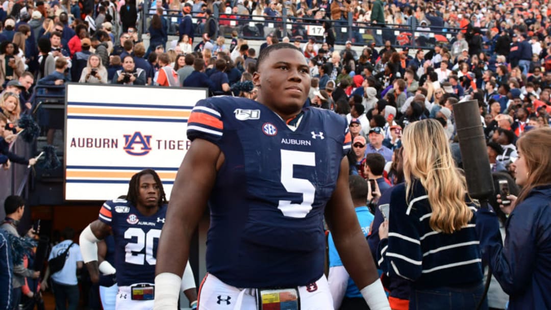 AUBURN, AL - NOVEMBER 16: Auburn Tigers Defensive Tackle Derrick Brown (5) walks onto the field before the game between the Georgia Bulldogs and the Auburn Tigers on November 16, 2019, at Jordan-Hare Stadium in Auburn, AL. (Photo by Jeffrey Vest/Icon Sportswire via Getty Images)