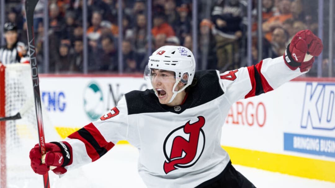 Nov 30, 2023; Philadelphia, Pennsylvania, USA; New Jersey Devils defenseman Luke Hughes (43) scores the game winning goal in overtime against the Philadelphia Flyers at Wells Fargo Center. Mandatory Credit: Bill Streicher-USA TODAY Sports