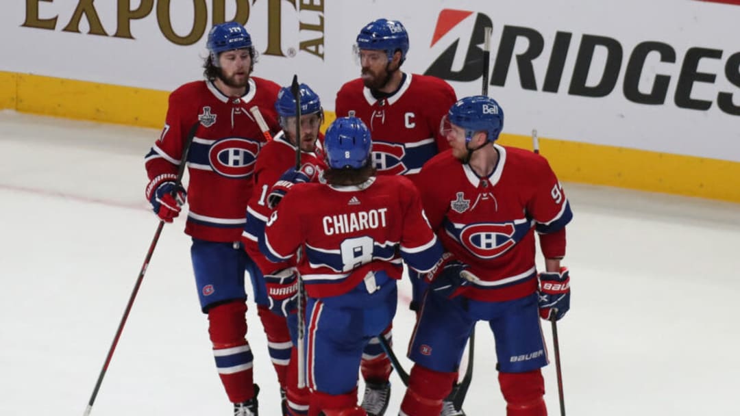 Jul 2, 2021; Montreal, Quebec, CAN; Montreal Canadiens right wing Corey Perry (94) celebrates with teammates after scoring against Tampa Bay Lightning goaltender Andrei Vasilevskiy (not pictured) during the third period in game three of the 2021 Stanley Cup Final at Bell Centre. Mandatory Credit: Jean-Yves Ahern-USA TODAY Sports