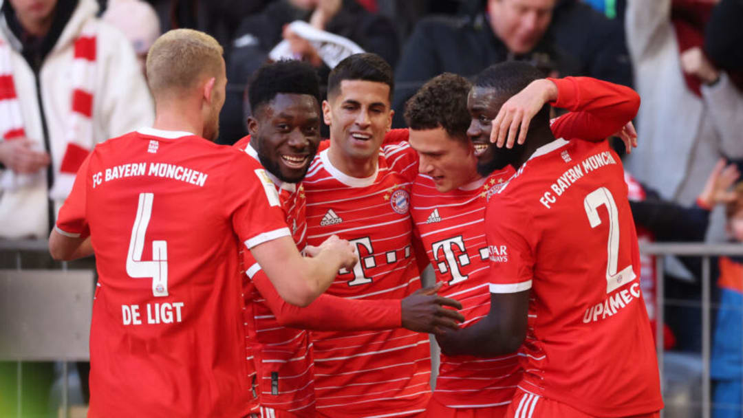 Bayern Munich players celebrating Benjamin Pavard's goal against FC Augsburg. (Photo by Alexander Hassenstein/Getty Images)