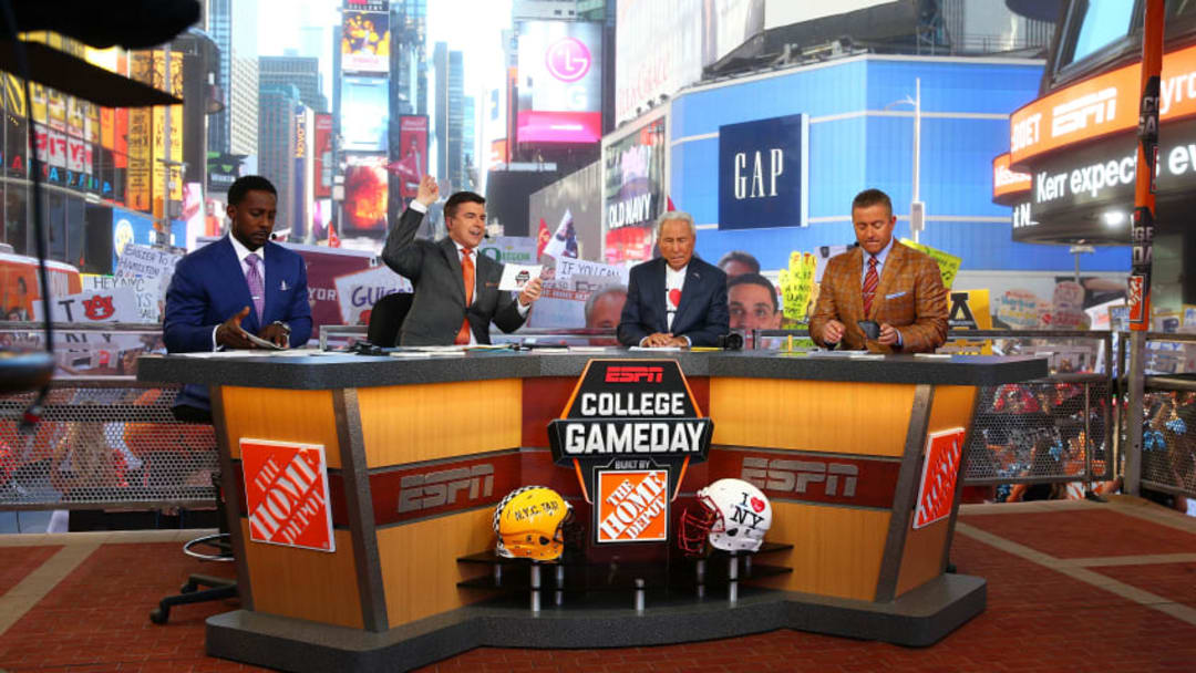 NEW YORK, NY - SEPTEMBER 23: Lee Corso, Kirk Herbstreit, Chris Fowler are seen during ESPN's College GameDay show at Times Square on September 23, 2017 in New York City. (Photo by Mike Stobe/Getty Images)