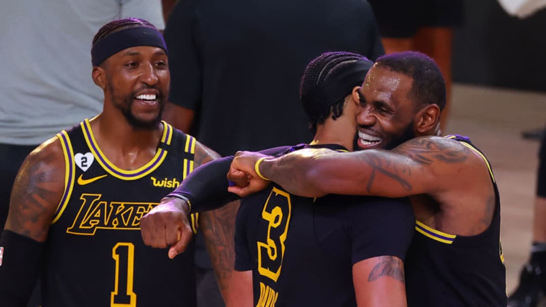 LAKE BUENA VISTA, FLORIDA - SEPTEMBER 20: LeBron James #23 of the Los Angeles Lakers celebrates with Anthony Davis #3 of the Los Angeles Lakers after shooting a three point basket to win the game over Denver Nuggets in Game Two of the Western Conference Finals during the 2020 NBA Playoffs at AdventHealth Arena at the ESPN Wide World Of Sports Complex on September 20, 2020 in Lake Buena Vista, Florida. NOTE TO USER: User expressly acknowledges and agrees that, by downloading and or using this photograph, User is consenting to the terms and conditions of the Getty Images License Agreement. (Photo by Kevin C. Cox/Getty Images)