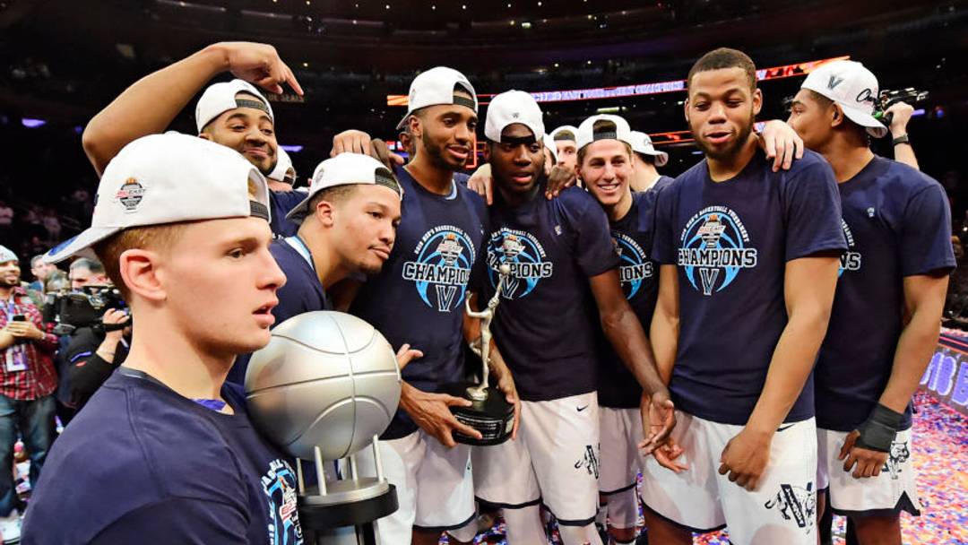 NEW YORK, NY - MARCH 10: The Villanova Wildcats celebrate with the championship trophy after defeating the Providence Friars 76-66 in overtime of the championship game of the Big East Basketball Tournament at Madison Square Garden on March 10, 2018 in New York City. (Photo by Steven Ryan/Getty Images)