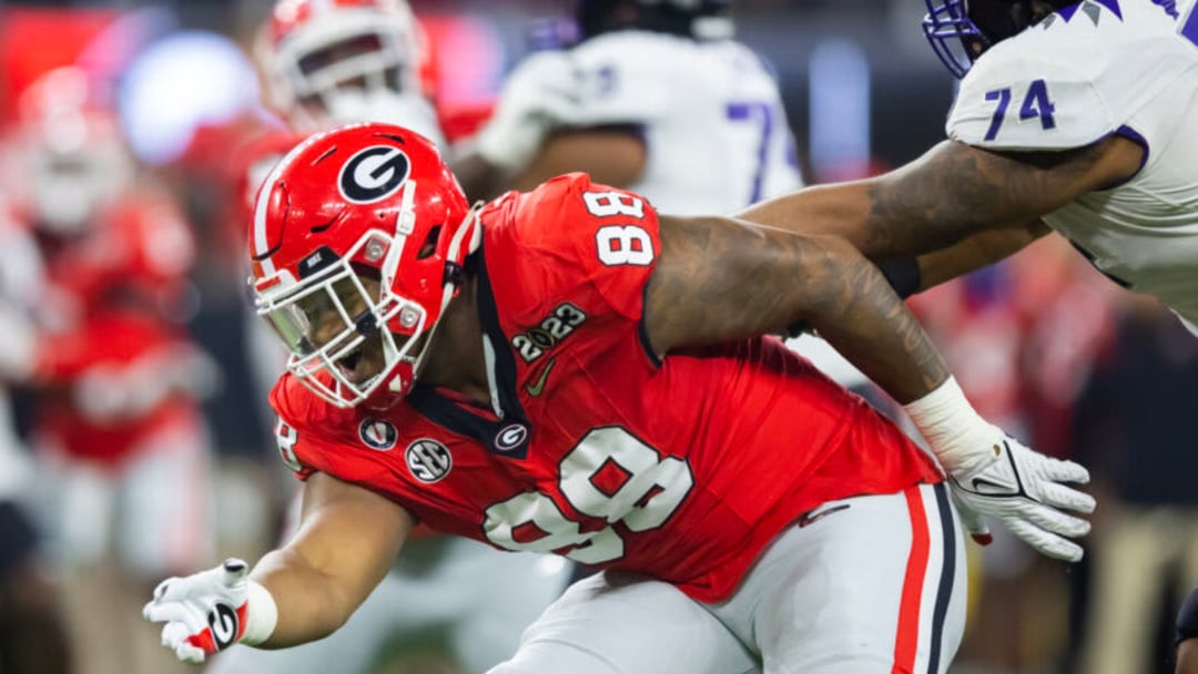 Jan 9, 2023; Inglewood, CA, USA; Georgia Bulldogs defensive lineman Jalen Carter (88) against the TCU Horned Frogs during the CFP national championship game at SoFi Stadium. Mandatory Credit: Mark J. Rebilas-USA TODAY Sports