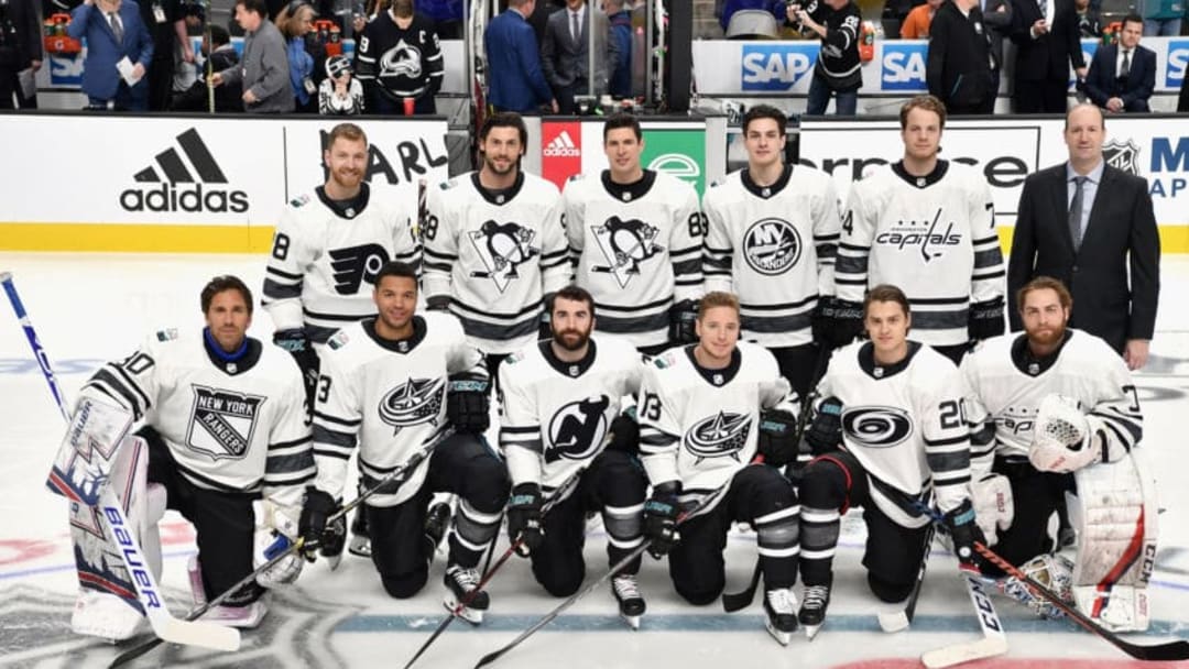 SAN JOSE, CA - JANUARY 26: Members of the Metropolitan Division team of the Eastern Conference pose for a team photo during the 2019 Honda NHL All-Star Game at SAP Center on January 26, 2019 in San Jose, California. (Photo by Brandon Magnus/NHLI via Getty Images)