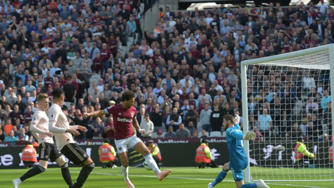 LONDON, ENGLAND - SEPTEMBER 29: Felipe Anderson of West Ham United scores his goal during the Premier League match between West Ham United and Manchester United at London Stadium on September 29, 2018 in London, United Kingdom. (Photo by Arfa Griffiths/West Ham United via Getty Images)
