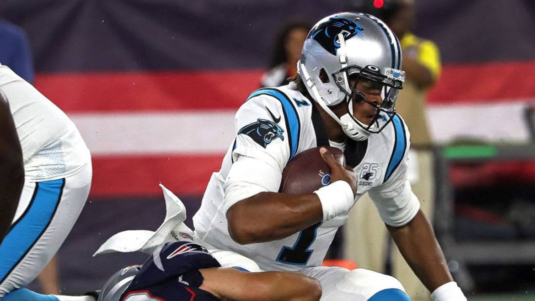 FOXBOROUGH, MA - AUGUST 22: New England Patriots middle linebacker Kyle Van Noy (53) sacks Carolina Panthers quarterback Cam Newton (1) during the first quarter. The New England Patriots host the Carolina Panthers in a pre-season exhibition game at Gillette Stadium in Foxborough, MA on Aug. 22, 2019. (Photo by Barry Chin/The Boston Globe via Getty Images) FOXBOROUGH, MA - AUGUST 22: New England Patriots middle linebacker Kyle Van Noy (53) sacks Carolina Panthers quarterback Cam Newton (1) during the first quarter. The New England Patriots host the Carolina Panthers in a pre-season exhibition game at Gillette Stadium in Foxborough, MA on Aug. 22, 2019. (Photo by Barry Chin/The Boston Globe via Getty Images)