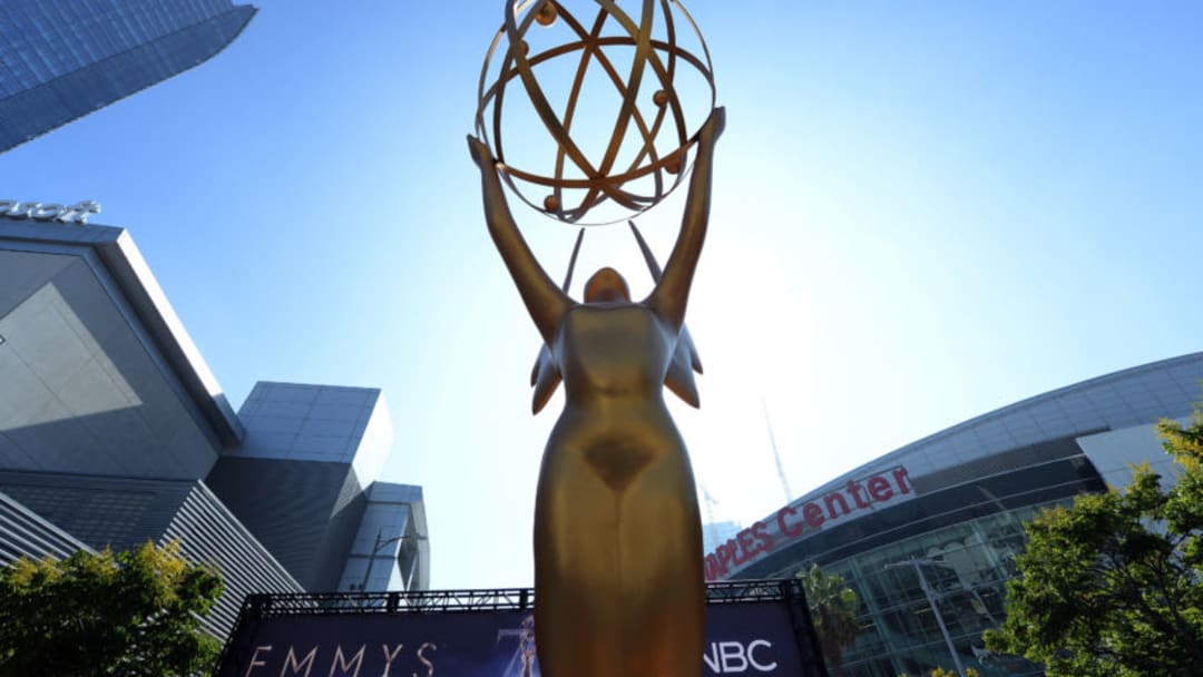 LOS ANGELES, CA - SEPTEMBER 13: An Emmy statue is placed at the entrance of the gold carpet at the entrance of Microsoft Theater for the 70th Emmy Awards on September 13, 2018 in Los Angeles, California. (Photo by Kevork Djansezian/Getty Images)