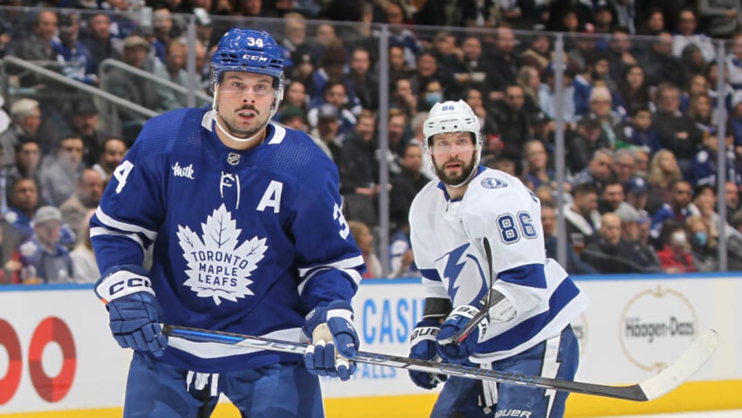 TORONTO, CANADA - DECEMBER 20: Auston Matthews #34 of the Toronto Maple Leafs skates against Nikita Kucherov #86 of the Tampa Bay Lightning during an NHL game at Scotiabank Arena on December 20, 2022 in Toronto, Ontario, Canada. The Maple Leafs defeated the Lightning 4-1. (Photo by Claus Andersen/Getty Images)