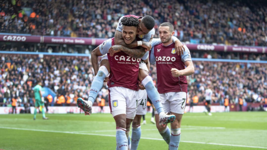 BIRMINGHAM, ENGLAND - APRIL 15: Ollie Watkins of Aston Villa celebrates a goal with team mates Jacob Ramsey, Ashley Young and John McGinn before it's disallowed following a VAR check during the Premier League match between Aston Villa and Newcastle United at Villa Park on April 15, 2023 in Birmingham, United Kingdom. (Photo by Visionhaus/Getty Images)