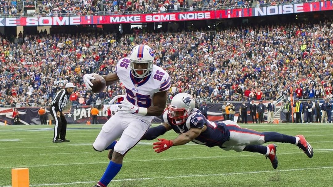 Oct 2, 2016; Foxborough, MA, USA; Buffalo Bills running back LeSean McCoy (25) gets past New England Patriots cornerback Malcolm Butler (21) for a touchdown during the first half at Gillette Stadium. Mandatory Credit: Winslow Townson-USA TODAY Sports
