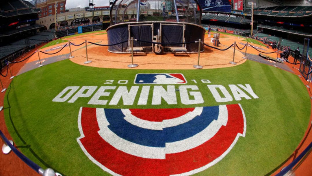 HOUSTON, TX - APRIL 02: A general view of the Opening Day logo at Minute Maid Park on April 2, 2018 in Houston, Texas. (Photo by Bob Levey/Getty Images)
