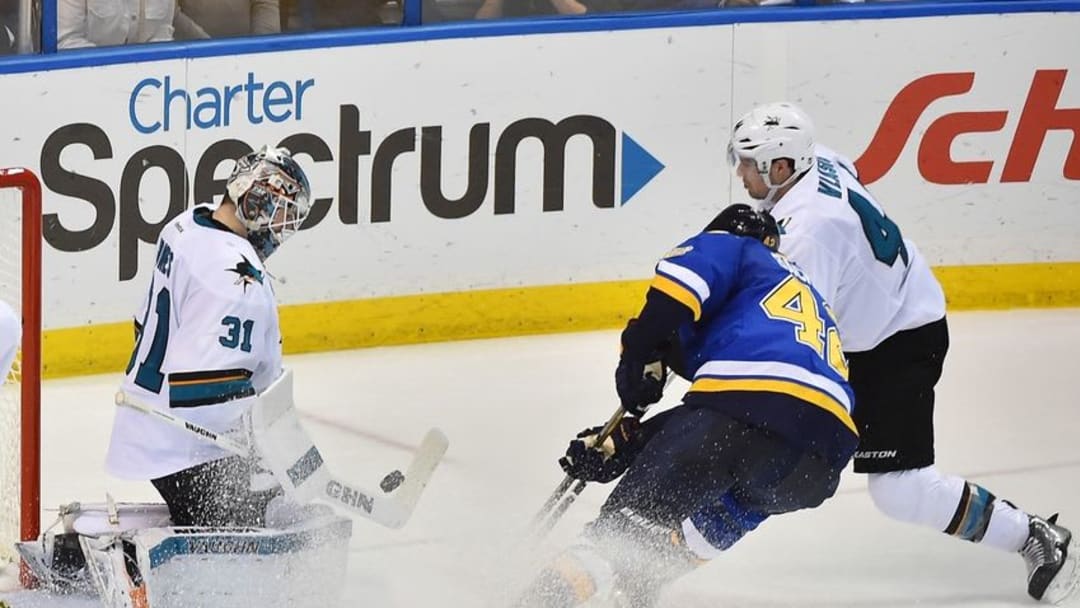 May 15, 2016; St. Louis, MO, USA; San Jose Sharks goalie Martin Jones (31) blocks the shot of St. Louis Blues center David Backes (42) during the third period in game one of the Western Conference Final of the 2016 Stanley Cup Playoffs at Scottrade Center. The St. Louis Blues defeat the San Jose Sharks 2-1. Mandatory Credit: Jasen Vinlove-USA TODAY Sports