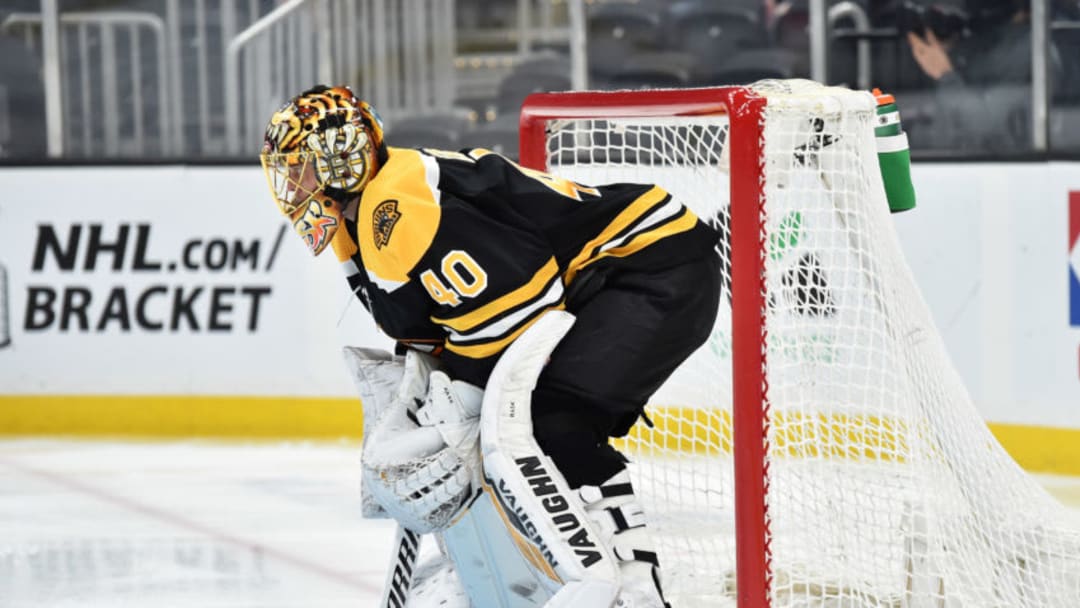 May 10, 2021; Boston, Massachusetts, USA; Boston Bruins goaltender Tuukka Rask (40) in goal during the third period against the New York Islanders at TD Garden. Mandatory Credit: Bob DeChiara-USA TODAY Sports