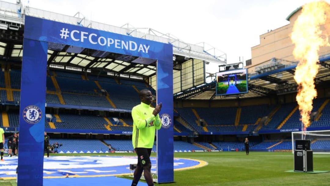 LONDON, ENGLAND - AUGUST 10: N'Golo Kante of Chelsea is introduced to the crowd before a training session at Stamford Bridge on August 10, 2016 in London, England. (Photo by Darren Walsh/Chelsea FC via Getty Images)