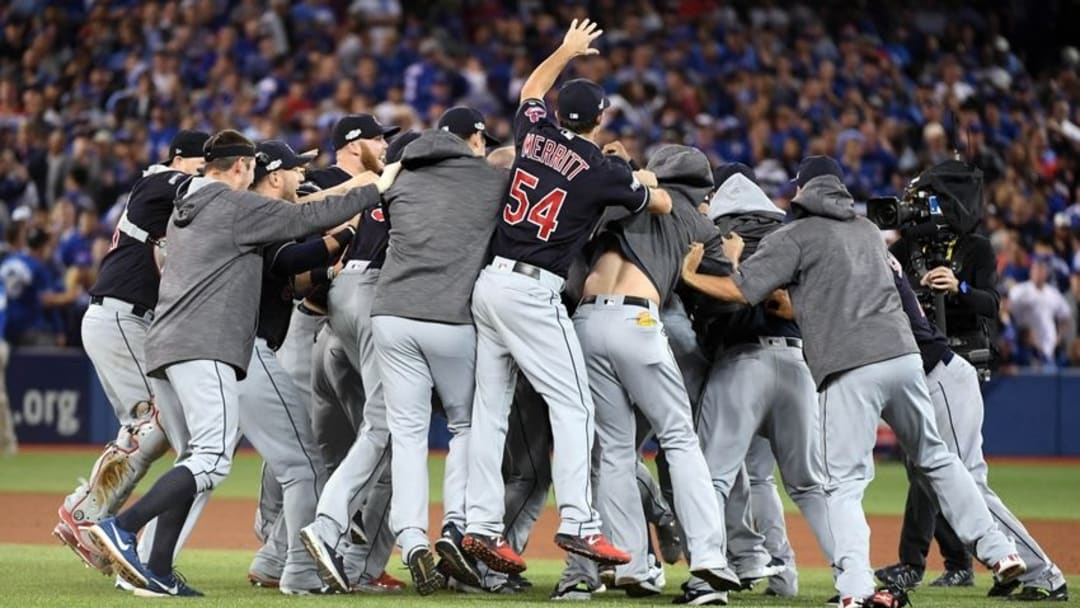 Oct 19, 2016; Toronto, Ontario, CAN; The Cleveland Indians celebrate beating the Toronto Blue Jays in game five of the 2016 ALCS playoff baseball series at Rogers Centre. Mandatory Credit: Nick Turchiaro-USA TODAY Sports