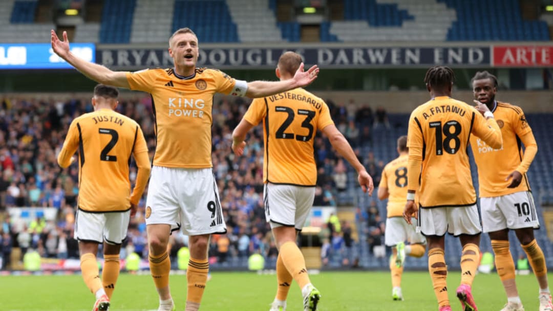 BLACKBURN, ENGLAND - OCTOBER 01: Jamie Vardy of Leicester City celebrates after scoring the team's second goal during the Sky Bet Championship match between Blackburn Rovers and Leicester City at Ewood Park on October 01, 2023 in Blackburn, England. (Photo by Jan Kruger/Getty Images)