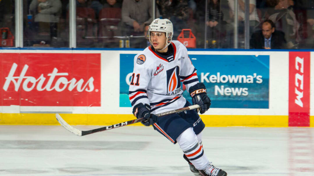 KELOWNA, BC - NOVEMBER 16: Logan Stankoven #11 of the Kamloops Blazers skates against the Kelowna Rockets at Prospera Place on November 16, 2019 in Kelowna, Canada. (Photo by Marissa Baecker/Getty Images)