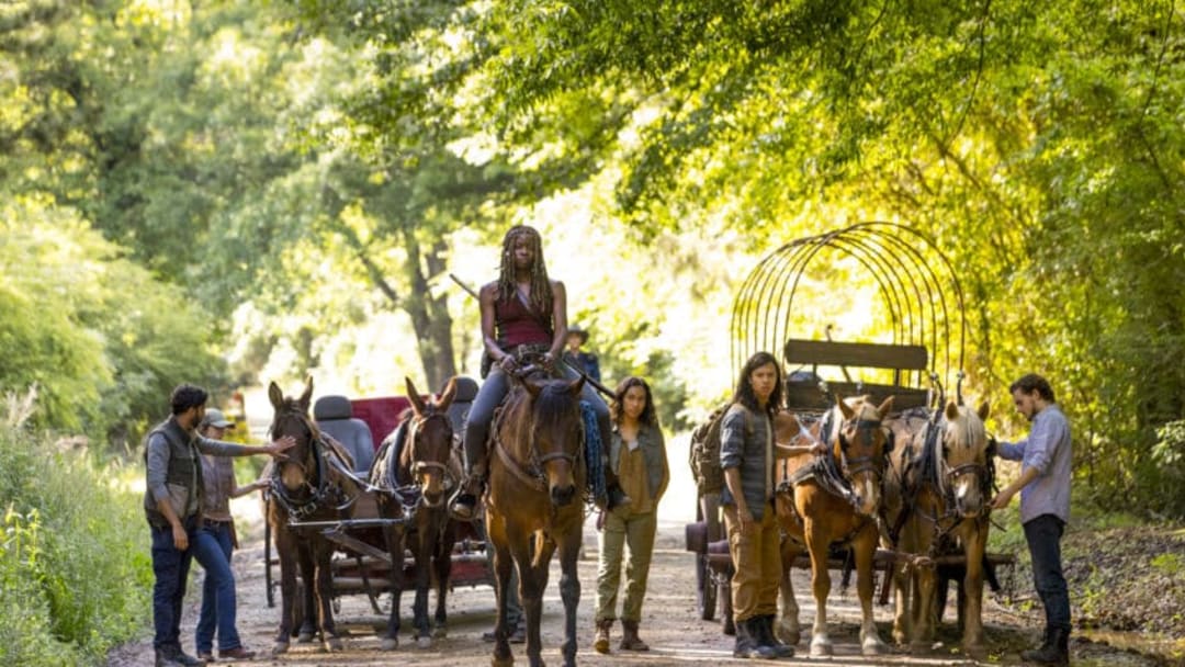 Danai Gurira as Michonne, Sydney Park as Cyndie, Callan McAuliffe as Alden - The Walking Dead _ Season 9, Episode 1 - Photo Credit: Jackson Lee Davis/AMC via AMC Media Center