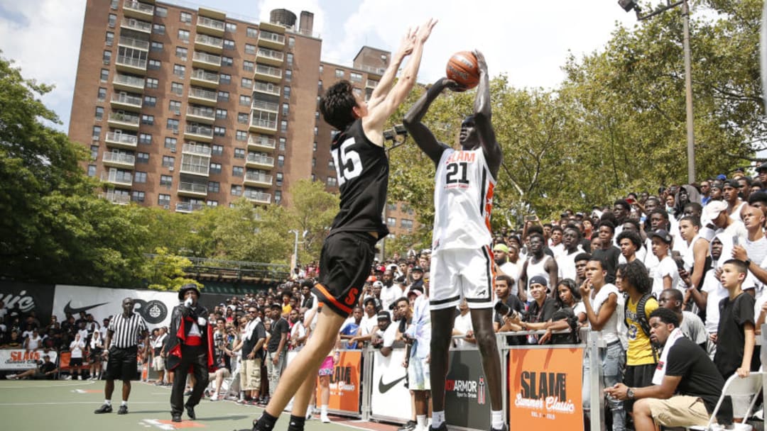 NEW YORK, NEW YORK - AUGUST 18: Makur Maker #21 of Team Jimma shoots over Chet Holmgren #15 of Team Zion during the SLAM Summer Classic 2019 at Dyckman Park on August 18, 2019 in New York City. (Photo by Michael Reaves/Getty Images)