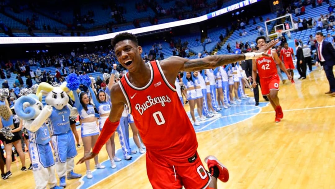 CHAPEL HILL, NORTH CAROLINA - DECEMBER 04: Alonzo Gaffney #0 of the Ohio State Buckeyes celebrates as he leaves the floor after a win against the North Carolina Tar Heels at the Dean Smith Center on December 04, 2019 in Chapel Hill, North Carolina. Ohio State won 74-49. (Photo by Grant Halverson/Getty Images)