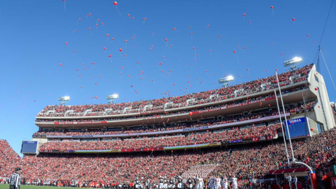 LINCOLN, NE - OCTOBER 26: Fans of the Nebraska Cornhuskers release balloons after the first score against the Indiana Hoosiers at Memorial Stadium on October 26, 2019 in Lincoln, Nebraska. (Photo by Steven Branscombe/Getty Images)