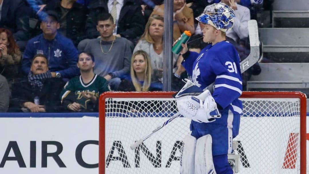 TORONTO, ON - MARCH 14: Toronto Maple Leafs goaltender Frederik Andersen (31) after giving up the 1st goal. Toronto Maple Leafs VS Dallas Stars during 1st period action in NHL regular season play at the Air Canada Centre. Toronto Star/Rick Madonik (Rick Madonik/Toronto Star via Getty Images)