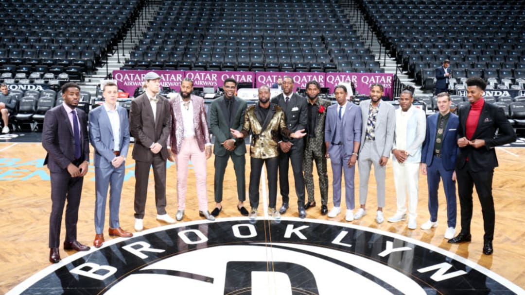 BROOKLYN, NY - APRIL 10: The Miami Heat pose in center court prior to the game against the Brooklyn Nets on April 10, 2019 at Barclays Center in Brooklyn, New York. NOTE TO USER: User expressly acknowledges and agrees that, by downloading and or using this Photograph, user is consenting to the terms and conditions of the Getty Images License Agreement. Mandatory Copyright Notice: Copyright 2019 NBAE (Photo by Nathaniel S. Butler/NBAE via Getty Images)