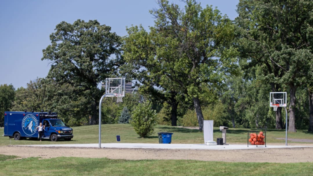 MOORHEAD, MN - AUGUST 29: The Minnesota Timberwolves participate in the unveiling and ribbon cutting of a refurbished basketball court as part of the Timberwolves New Era. New Courts. program on August 29, 2017 at Woodlawn Park in Moorhead, Minnesota. NOTE TO USER: User expressly acknowledges and agrees that, by downloading and or using this Photograph, user is consenting to the terms and conditions of the Getty Images License Agreement. Mandatory Copyright Notice: Copyright 2017 NBAE (Photo by David Sherman/NBAE via Getty Images)