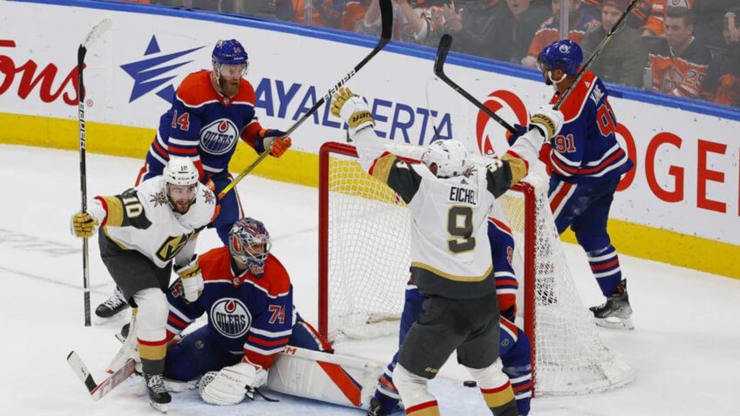 Mar 25, 2023; Edmonton, Alberta, CAN; The Vegas Golden Knights celebrate a goal by forward Nicolas Roy (10) during overtime against the Edmonton Oilers at Rogers Place. Mandatory Credit: Perry Nelson-USA TODAY Sports