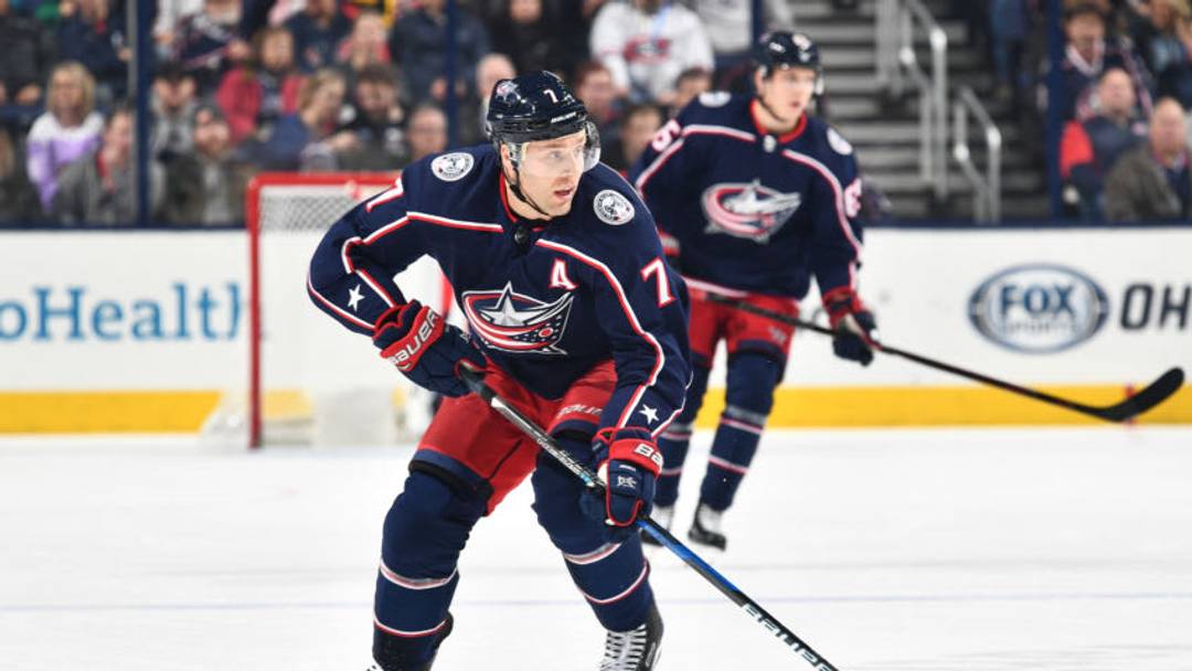 COLUMBUS, OH - MARCH 12: Jack Johnson #7 of the Columbus Blue Jackets skates against the Montreal Canadiens on March 12, 2018 at Nationwide Arena in Columbus, Ohio. (Photo by Jamie Sabau/NHLI via Getty Images)