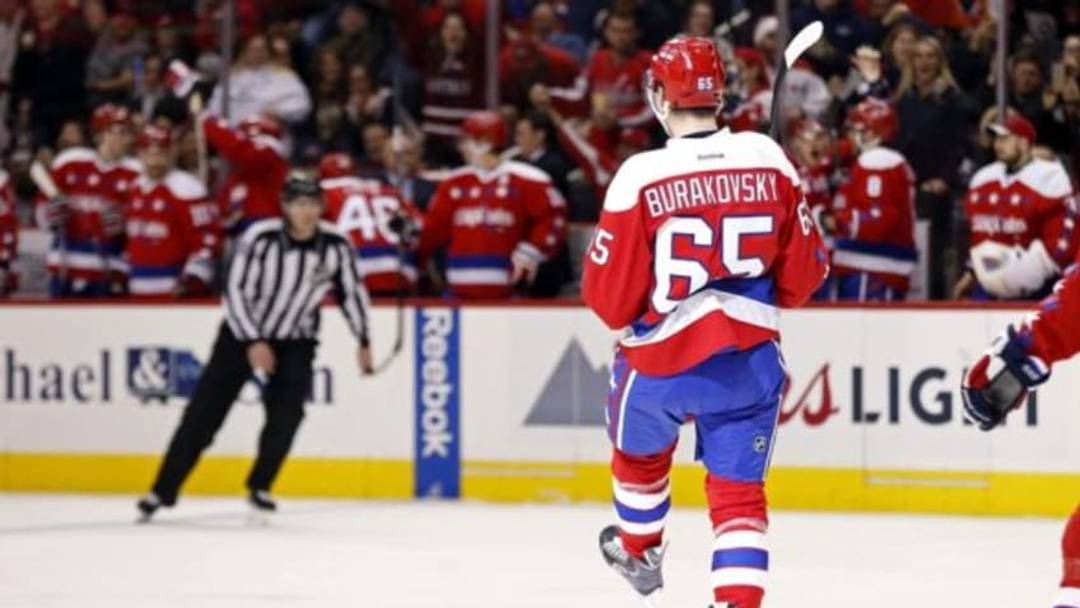 Jan 27, 2016; Washington, DC, USA; Washington Capitals left wing Andre Burakovsky (65) celebrates after scoring a goal against the Philadelphia Flyers in the second period at Verizon Center. Mandatory Credit: Geoff Burke-USA TODAY Sports Jan 27, 2016; Washington, DC, USA; Washington Capitals left wing Andre Burakovsky (65) celebrates after scoring a goal against the Philadelphia Flyers in the second period at Verizon Center. Mandatory Credit: Geoff Burke-USA TODAY Sports