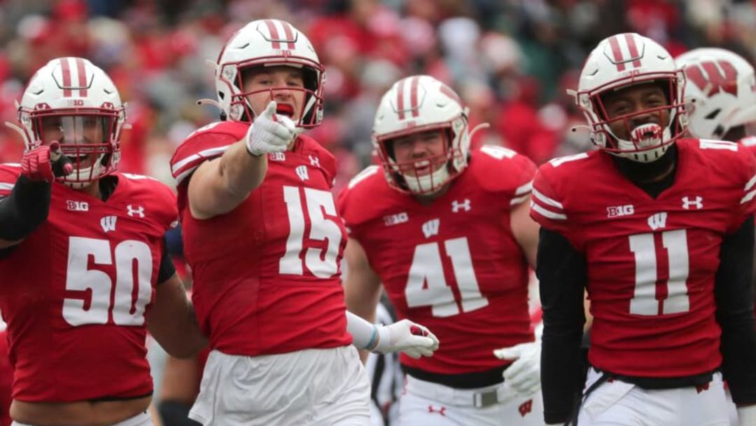 Wisconsin safety John Torchio (15) celebrates an interception during the third quarter of their game Saturday, November 13, 2021 at Camp Randall Stadium in Madison, Wis. Wisconsin beat Northwestern 35-7.Uwgrid14 28