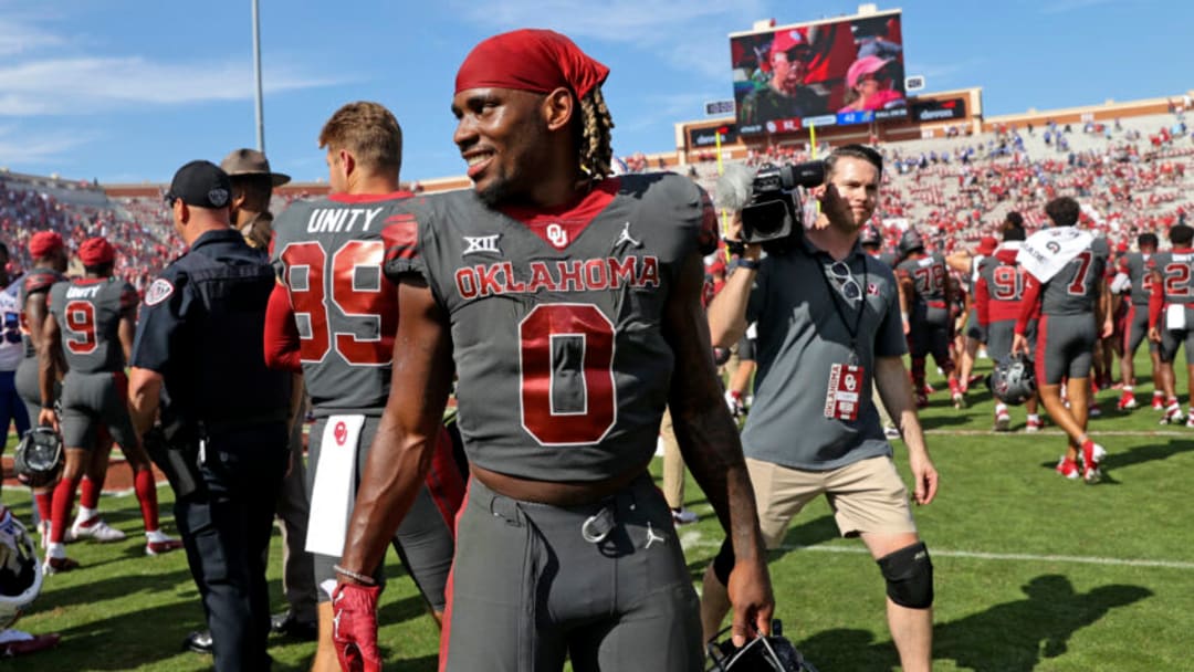 Oct 15, 2022; Norman, Oklahoma, USA; Oklahoma Sooners running back Eric Gray (0) celebrates with teammates after the game against the Kansas Jayhawks at Gaylord Family-Oklahoma Memorial Stadium. Mandatory Credit: Kevin Jairaj-USA TODAY Sports