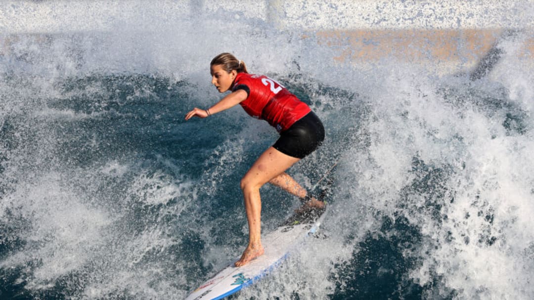 LEMOORE, CALIFORNIA - MAY 27: Molly Picklum of Australia competes during the World Surf League Surf Ranch Pro qualifying round on May 27, 2023 in Lemoore, California. (Photo by Sean M. Haffey/Getty Images)