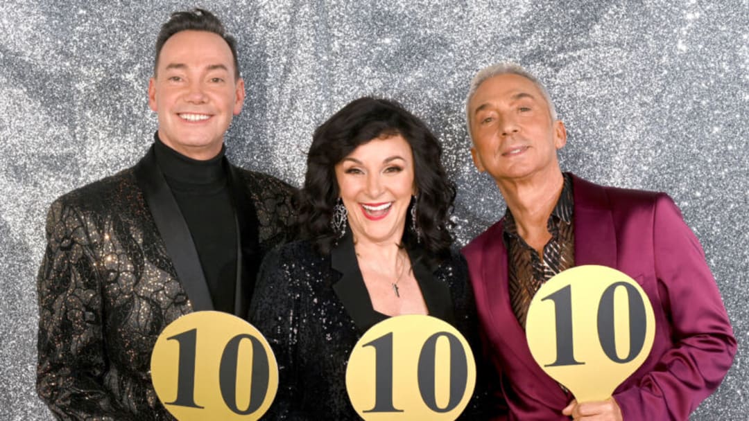 BIRMINGHAM, ENGLAND - JANUARY 20: Craig Revel Horwood, Shirley Ballas and Bruno Tonioli backstage at Utilita Arena Birmingham on January 20, 2022 in Birmingham, England. (Photo by Dave J Hogan/Getty Images)