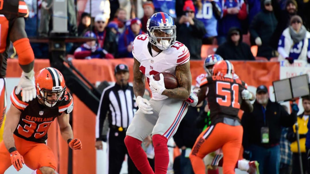 CLEVELAND, OH - NOVEMBER 27: Odell Beckham #13 of the New York Giants celebrates his touchdown during the fourth quarter against the Cleveland Browns at FirstEnergy Stadium on November 27, 2016 in Cleveland, Ohio. (Photo by Jason Miller/Getty Images)