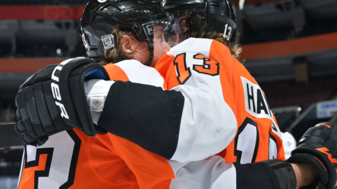 PHILADELPHIA, PA - JANUARY 19: Jakub Voracek #93 and Kevin Hayes #13 of the Philadelphia Flyers celebrate a goal against the Buffalo Sabres in the third period at Wells Fargo Center on January 19, 2021 in Philadelphia, Pennsylvania. The Flyers won 3-0. (Photo by Drew Hallowell/Getty Images)