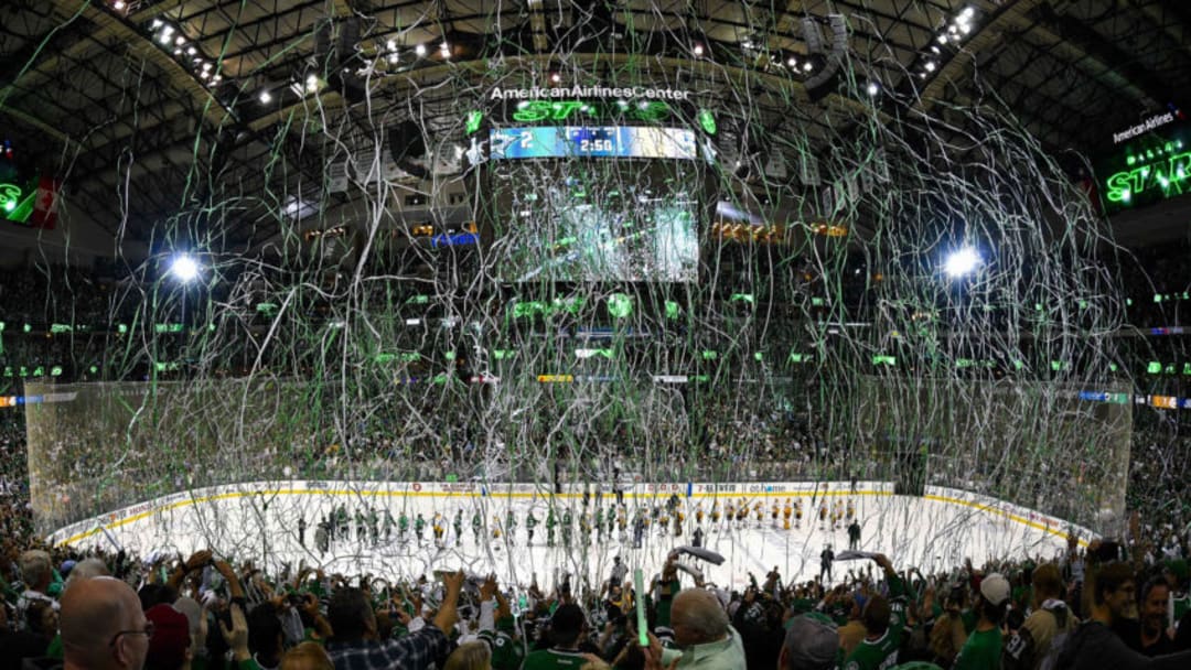 Apr 22, 2019; Dallas, TX, USA; The Dallas Stars fans celebrate the win over the Nashville Predators during the overtime period in game six of the first round of the 2019 Stanley Cup Playoffs at American Airlines Center. Mandatory Credit: Jerome Miron-USA TODAY Sports