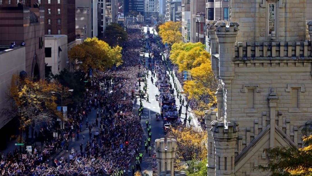 Nov 4, 2016; Chicago, IL, USA; A general view as the Chicago Cubs make their way along Michigan Avenue during the World Series victory parade. Mandatory Credit: Jerry Lai-USA TODAY Sports