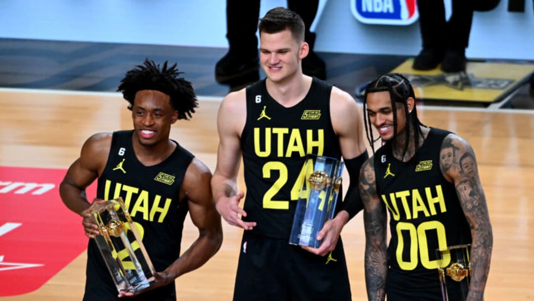 Collin Sexton, Walker Kessler, and Jordan Clarkson of the Utah Jazz.