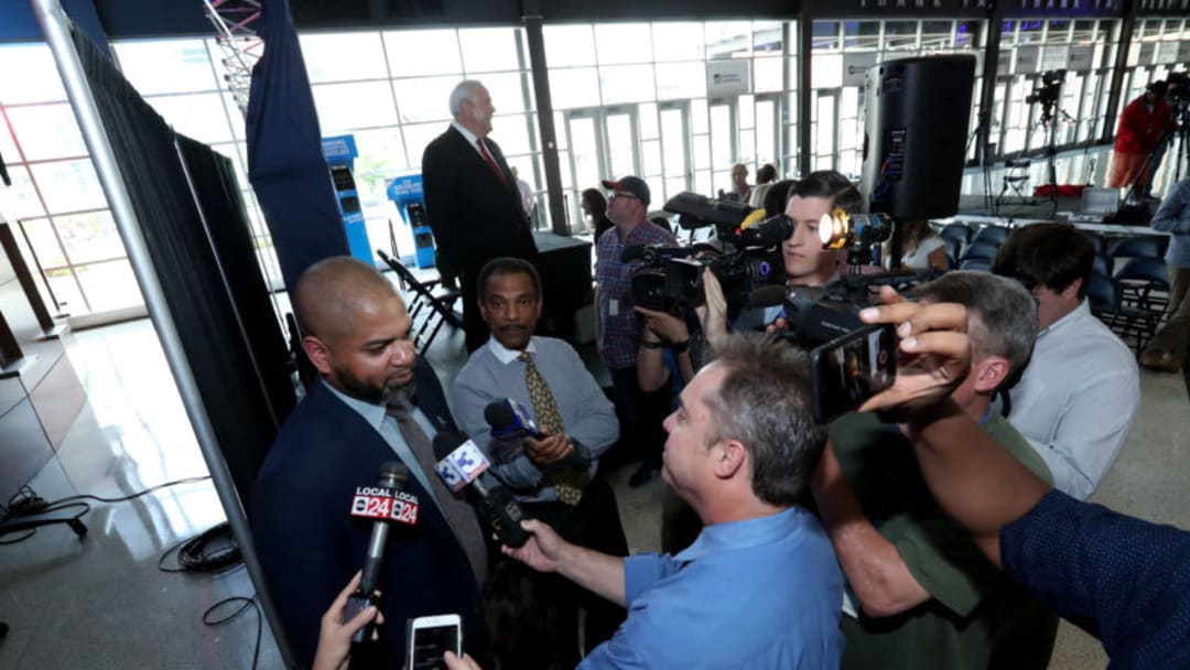 MEMPHIS, TN - MAY 2: J.B. Bickerstaff of the Memphis Grizzlies speaks with the media after a Press Conference announcing himself as Memphis Grizzlies Head Coach on May 2, 2018 at FedExForum in Memphis, Tennessee. NOTE TO USER: User expressly acknowledges and agrees that, by downloading and or using this photograph, User is consenting to the terms and conditions of the Getty Images License Agreement. Mandatory Copyright Notice: Copyright 2018 NBAE (Photo by Joe Murphy/NBAE via Getty Images)