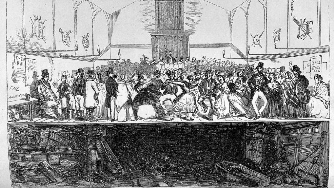 A drawing of dancing at Enon Chapel from George Walker's "Lectures on the metropolitan grave-yards"