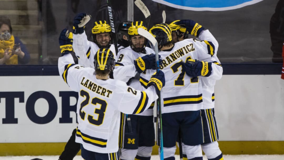 Mar 14, 2021; South Bend, IN, USA; Michigan players celebrate scoring during the Michigan vs. Ohio State Big Ten Hockey Tournament game Sunday, March 14, 2021 at the Compton Family Ice Arena in South Bend. Mandatory Credit: Michael Caterina-USA TODAY Sports