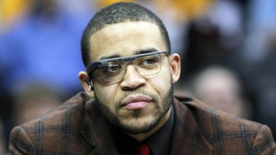Mar 7, 2014; Denver, CO, USA; Denver Nuggets center JaVale McGee (34) wears Google Glass while watching in the first quarter against the Los Angeles Lakers at the Pepsi Center. Mandatory Credit: Isaiah J. Downing-USA TODAY Sports